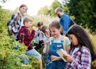 Kids on a field trip looking at plants