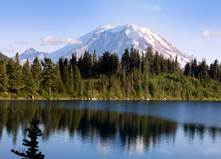 Image of mountains and trees and a lake
